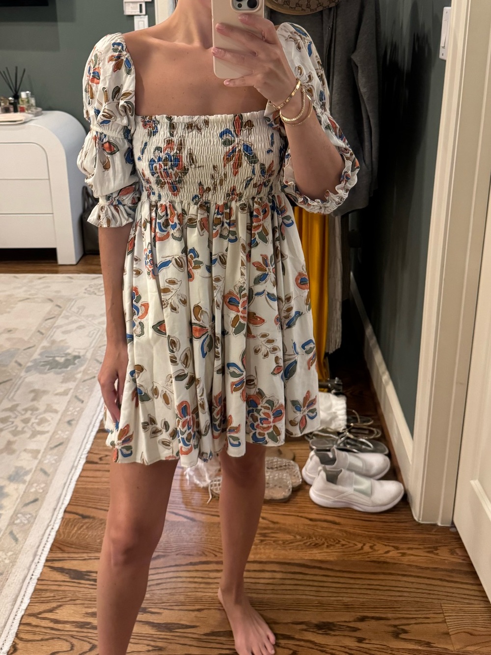 Misa Los Angeles White Floral Mini Dress with Blue & Rust Accents